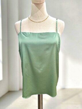 Saki Silver Womens Large Satin CAMI Sage Green Spaghetti Straps Slip Top NWT
